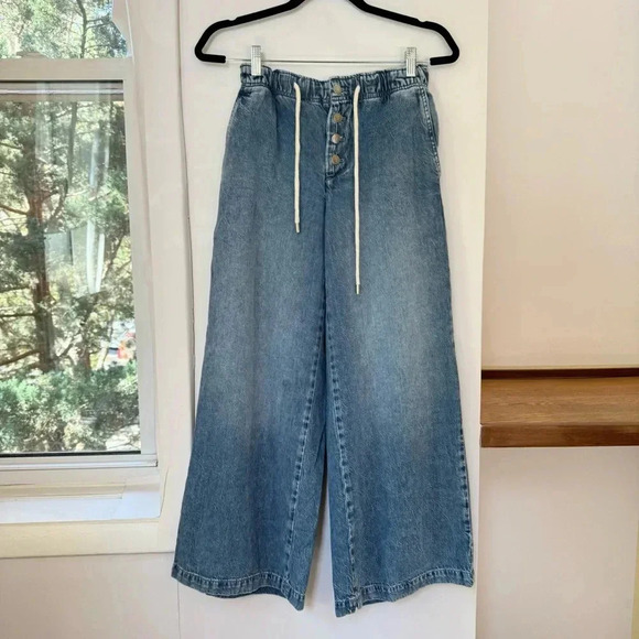 New Anthropologie Pilcro Drawstring Pull-On Wide-Leg Jeans Denim Blue Large - Picture 6 of 14